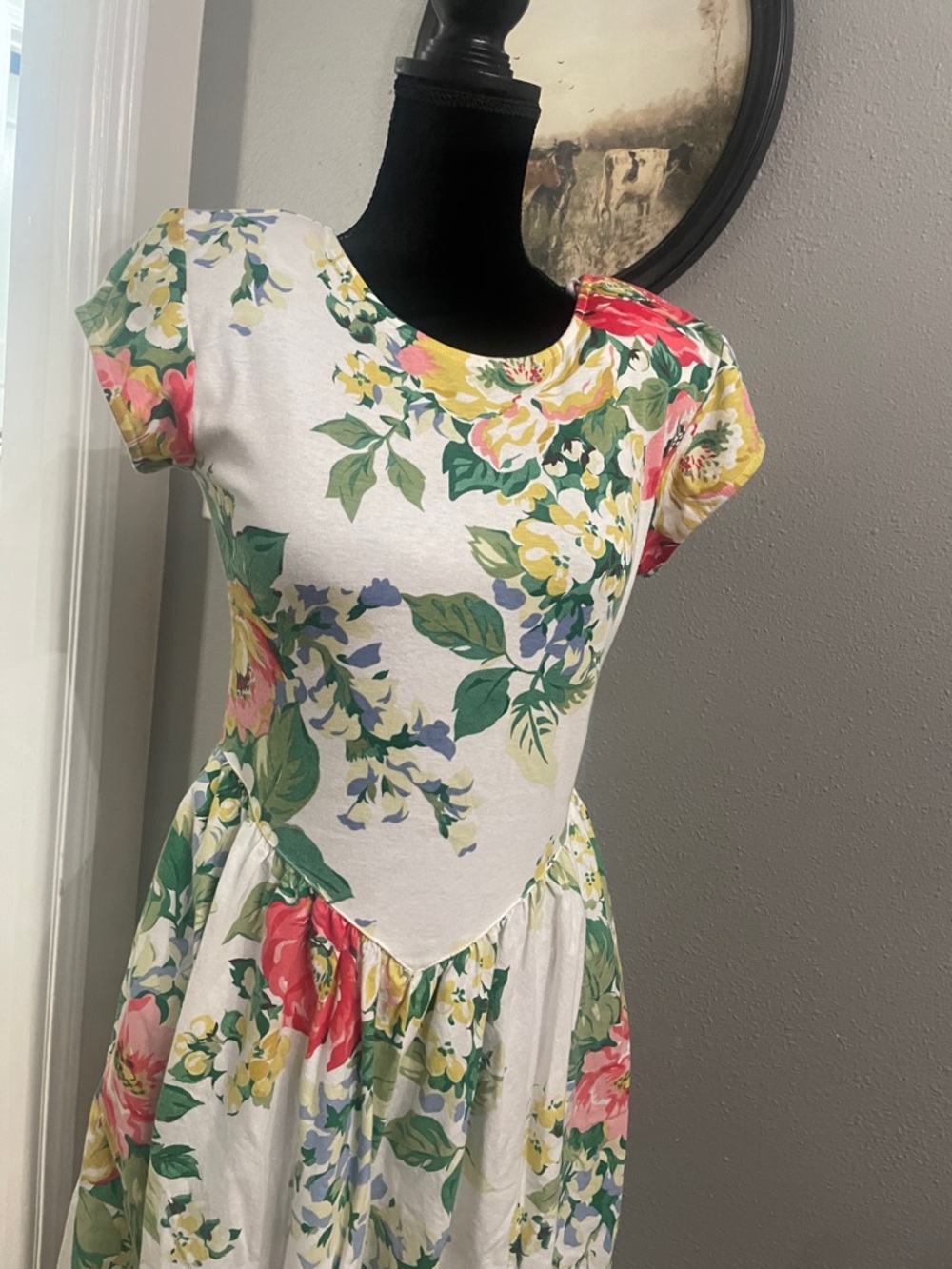 Vintage 80s EXPO Rose Print Cotton padsFit and Flare Full Dress - - Picture 2 of 10